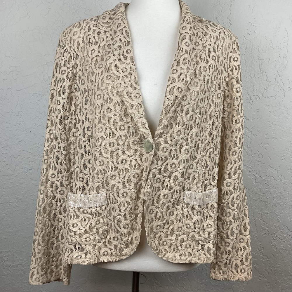 Chico’s Women’s Thin Antique Cream Lace Button Blazer Size 3 Large Cottagecore